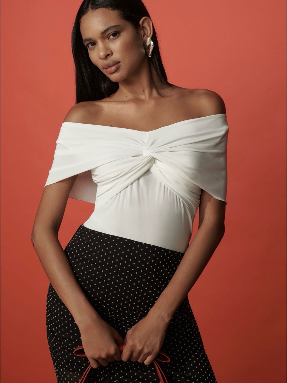 Off-the-Shoulder Twist Front White Bodysuit